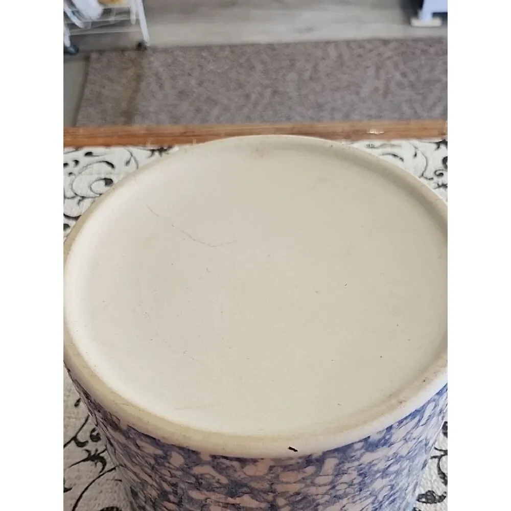 Blue and White Spongeware Canister with Wooden Lid